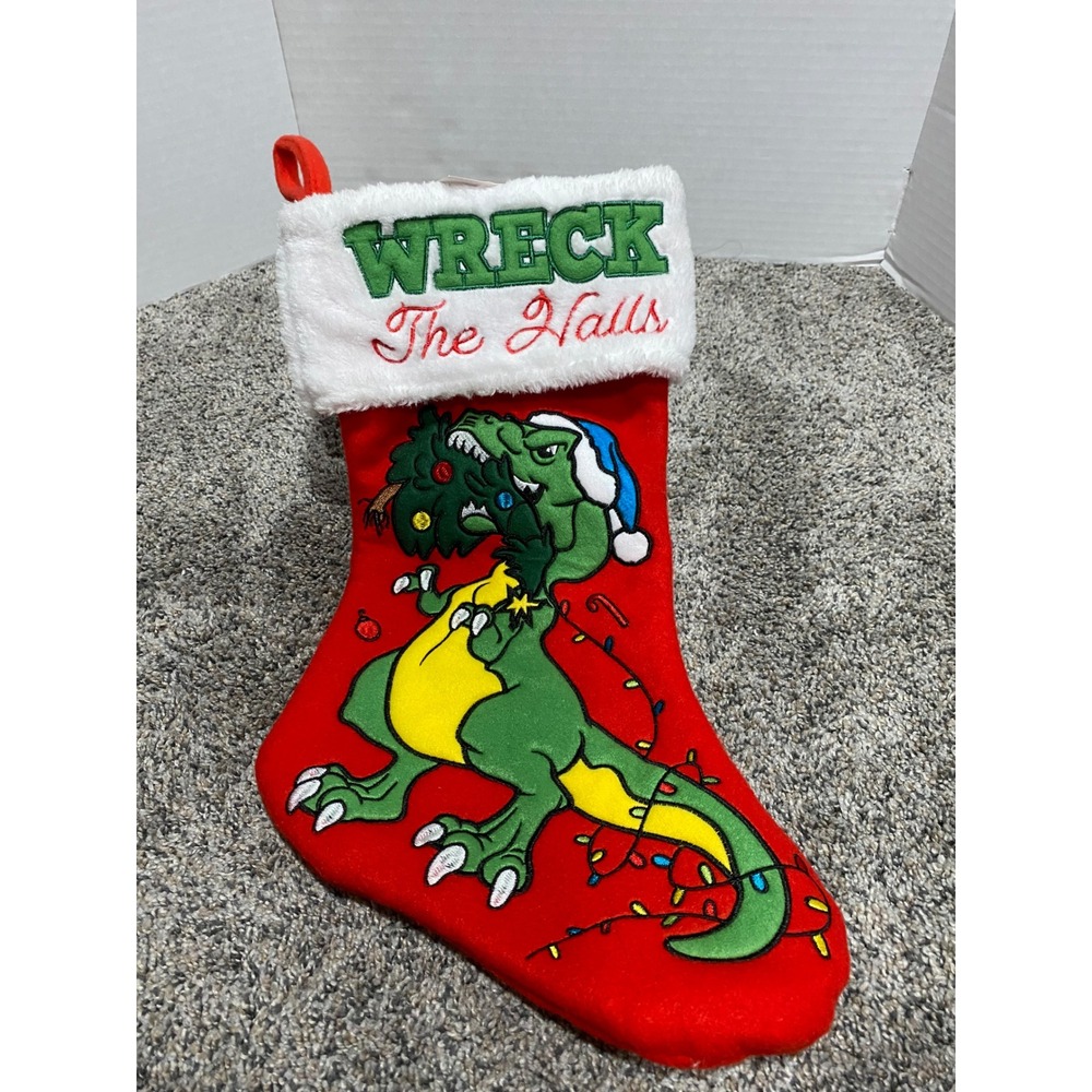 Christmas Stocking Holiday Time Kids Red New Wreck The Halls T-Rex Dino 20in